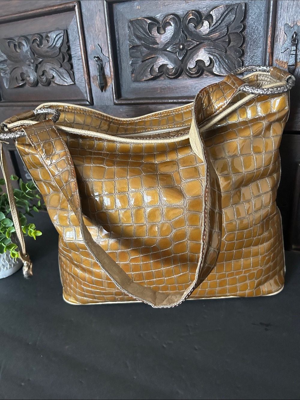 Vintage Brighton Croc-Embossed Leather Hobo Bag in Mustard Brown - Picture 9 of 14